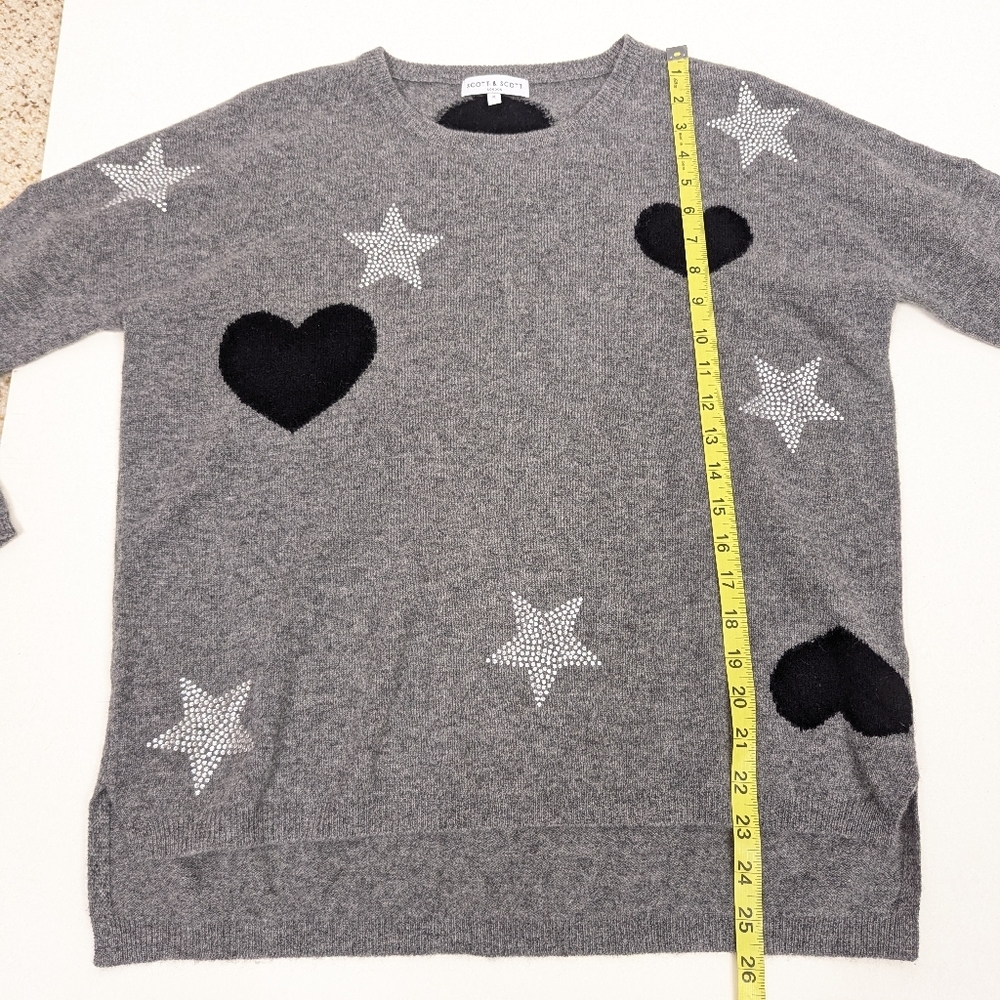 Scott & Scott 100% Cashmere Heart Rhinestone Star Grey Sweater - Size Small - Picture 7 of 7